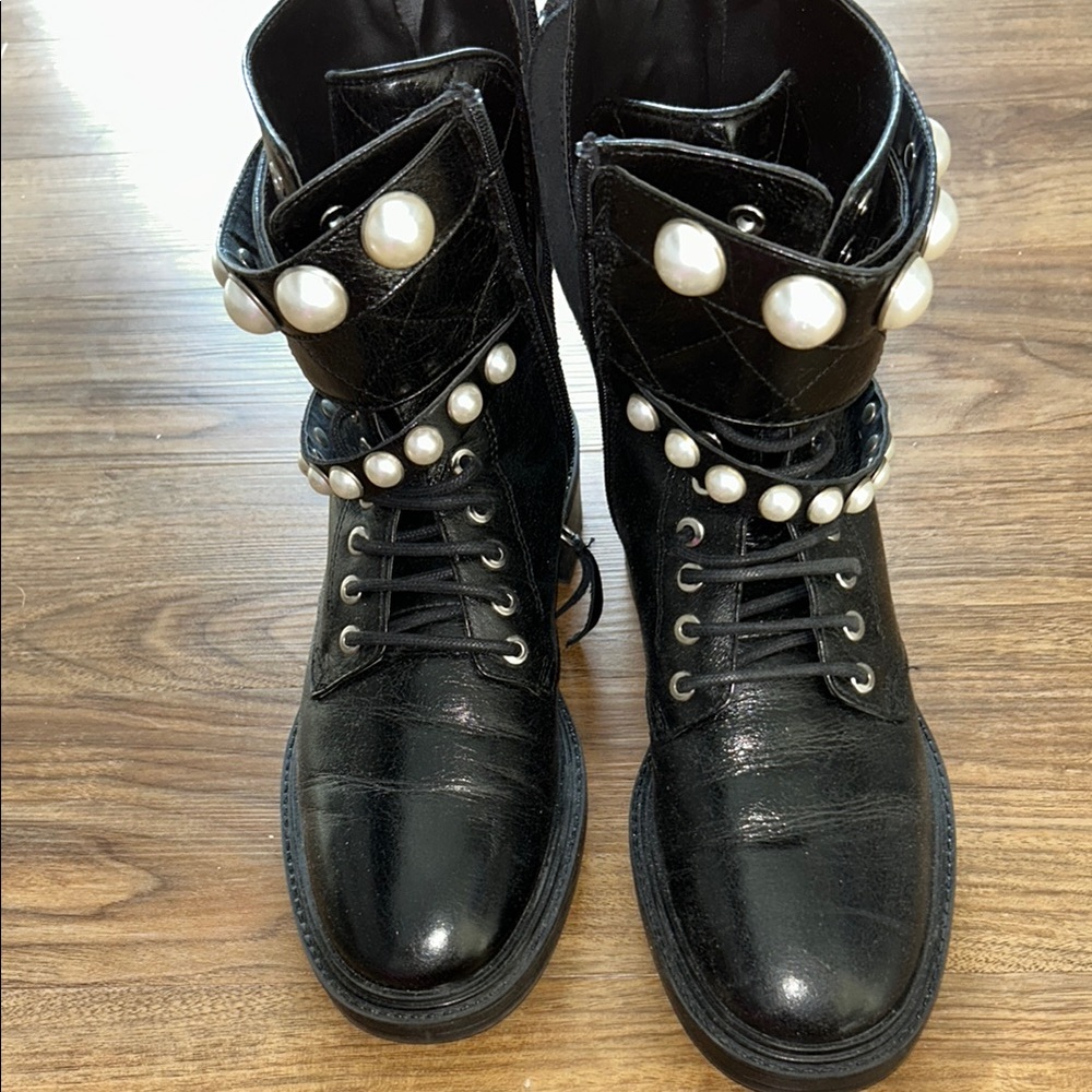 Zara Black Pearl-Embellished Women's Combat Boots Size 39